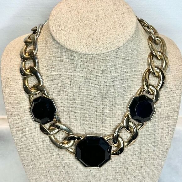 Zara Chunky Gold-tone Cuban Curb Chain With Black Stone Statement Necklace 19" - Picture 1 of 4